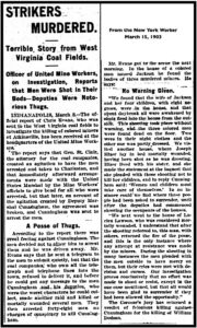 HdLn Strikers Murdered, Evans Reports re Stanaford, Raleigh Co WV, NY Worker p1, Mar 15, 1903