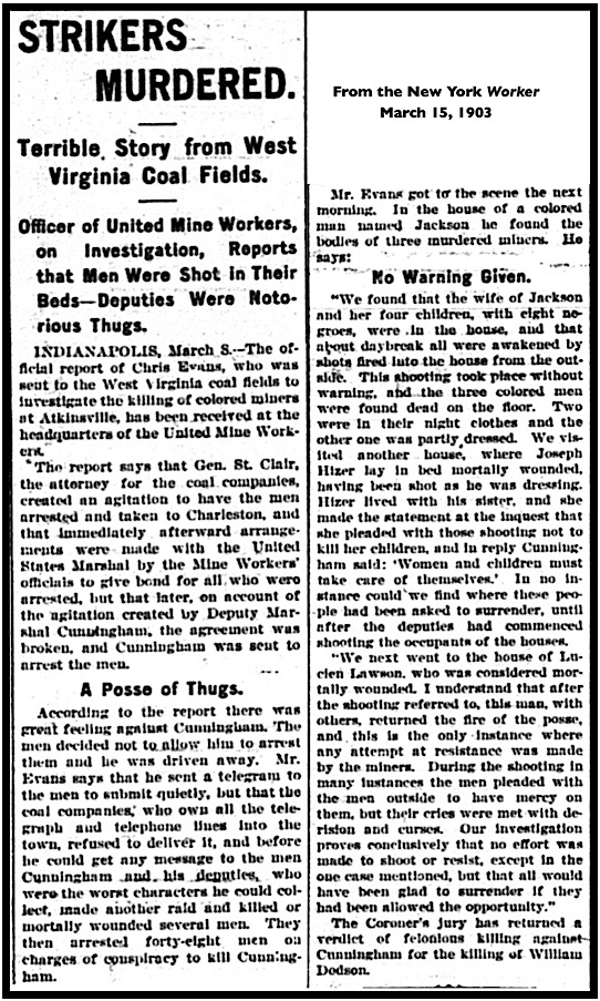 HdLn Strikers Murdered, Evans Reports re Stanaford, Raleigh Co WV, NY Worker p1, Mar 15, 1903