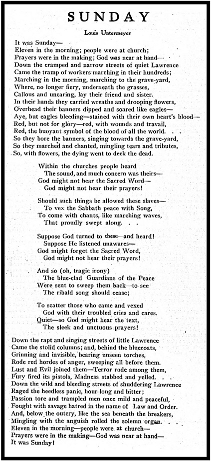 Poem, Sunday by Untermeyer re Sept 29, 1912 at Lawrence MA, Masses p14, Apr 1913