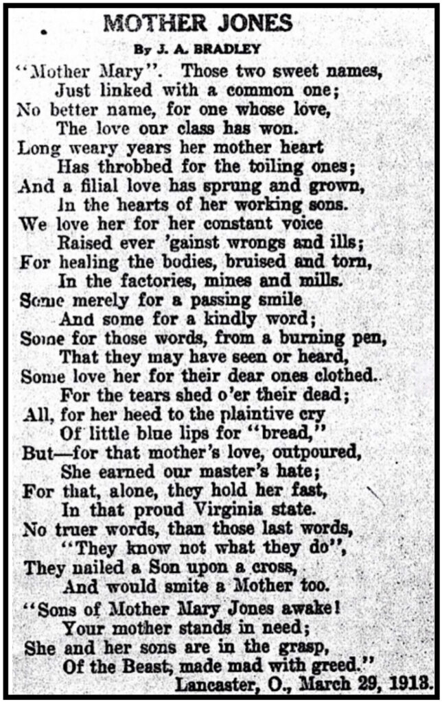 Poem Mother Jones by JA Bradley, Lancaster OH, Mar 29, 1913