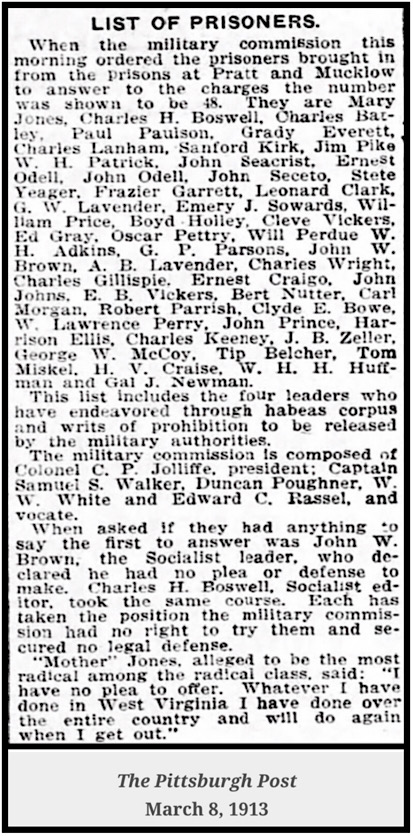 WV Court Martial Mother Jones n Prisoner Names, Ptt Pst p3 Mar 8, 1913