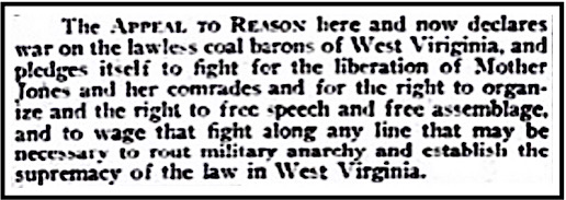 EVD Appeal Declares War on WV Coal Barons Fight for Mother Jones, AtR p1, May 3, 1913