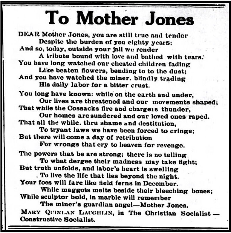 To Mother Jones, Poem by Mary Quinlan Laughlin, Goltry OK Ns p1, May 23, 1913