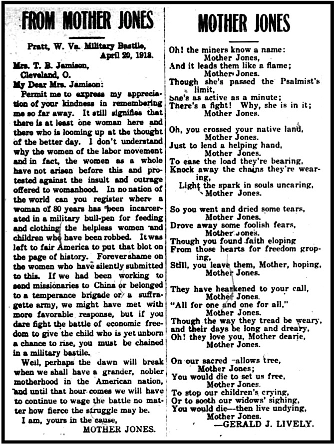 Mother Jones POEM n Letter, Sol p3, 4, May 10, 1913