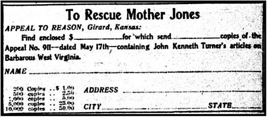 Ad to Rescue Mother Jones, AtR p1, May 3, 1913