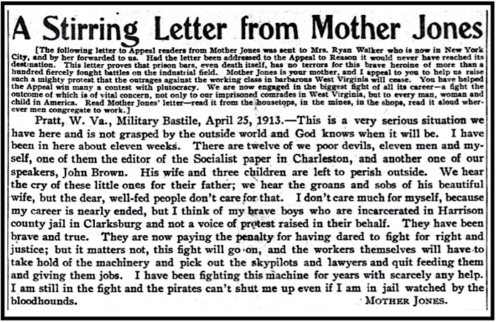 Letter fr Mother Jones fr WV Military Bastile, AtR p1, May 10, 1913