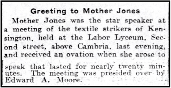 Mother Jones Speaks at Kensington Labor Lyceum PII, Phl Iq p4, June 16, 1903