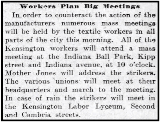 Mother Jones to Speak to Kensington Textile Strikers, Phil Iq p1, June 15, 1903