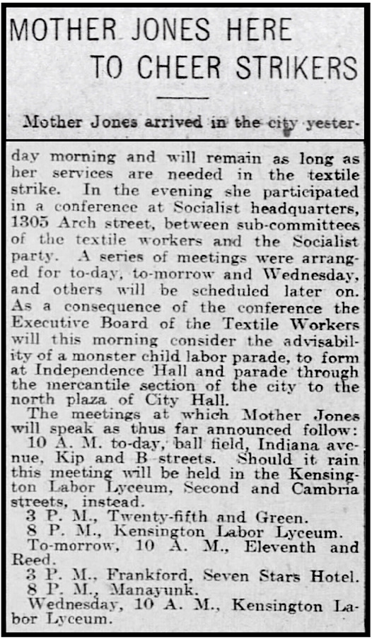 Mother Jones at Kensington to Cheer Strikers, Phl Iq p11, June 15, 1903