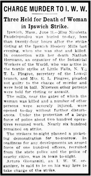 Ipswich Murder of N Paudelopoulou Charged to IWW, NYTb p16, June 12, 1913