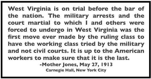 Quote Mother Jones, WV on Trial re Military Court Martial, Speech NYC Carnegie Hall, NYCl p, May 28, 1913, per Foner