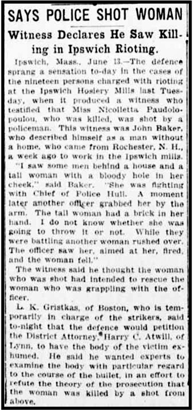 Ipswich N. Paudelopoulou, Witness says police shot her,  NYTb p2, June 14, 1913