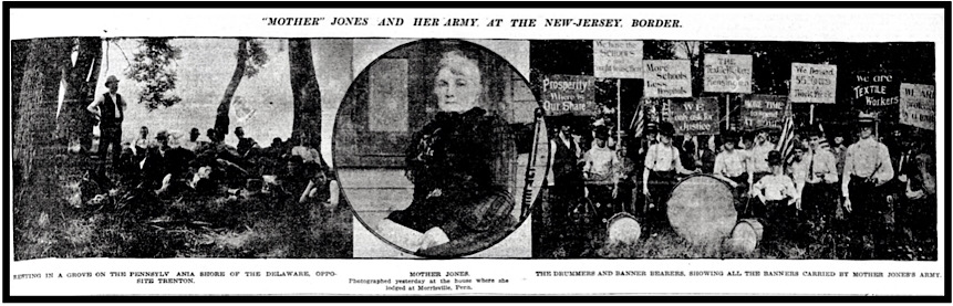 Mother Jones MMC, Rest at Delaware Rv, MJ at Morrisvl PA, Drummers and Banners, NY Tb p1, July 11, 1903