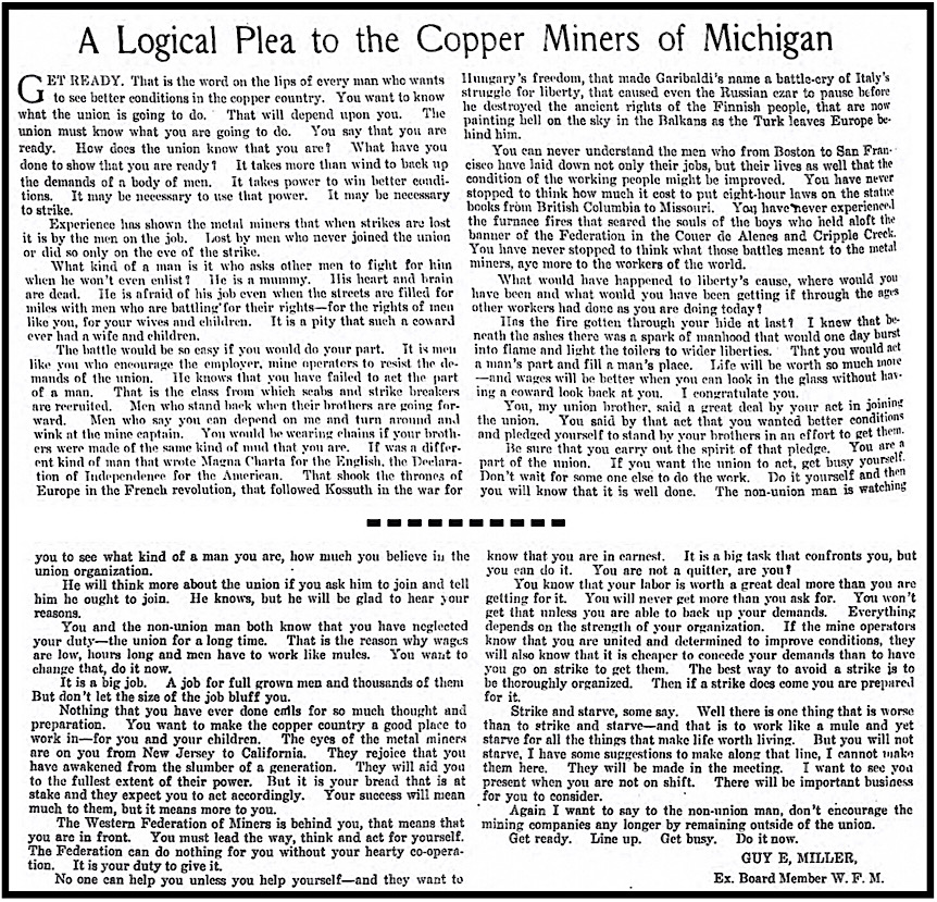 Plea to MI Copper Miners by Guy Miller, Mnrs Mag p8, July 10, 1913