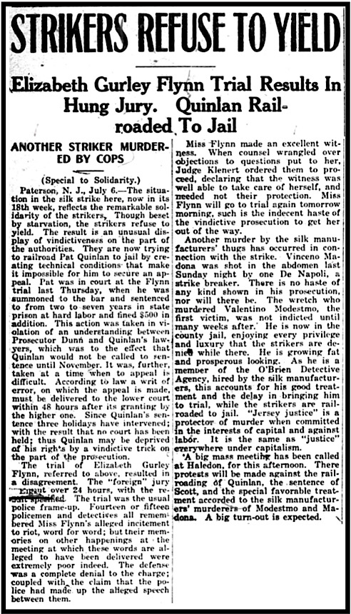 Paterson EGF Trial, Quinlan to Prison, Vincenzo Madonna killed, Sol p, July 12, 1913