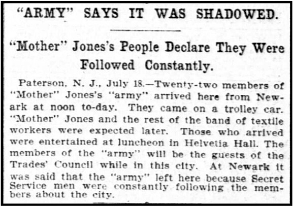 Mother Jones, March of Mill Children, Paterson, Army Says It Was Shadowed, NY Tb p14, July 19, 1903
