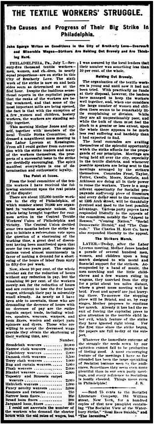 Mother Jones MMC Spargo, Philly Textile Strike, NY Worker p1, July 12, 1903