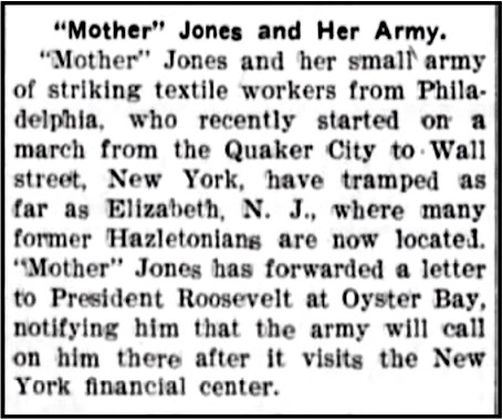 Mother Jones at Elizabeth NJ, Writes to Prz Roosevelt, Hzl PA Plain Spker p5, July 16, 1903