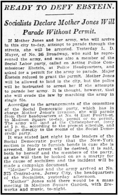Mother Jones March of Mill Children, Will Parade in NYC wo Permit, NY Tb p4, July 23, 1903