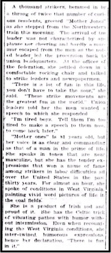 Article Mother Jones Arrives Speaks, Calumet MI Ns p1, Aug 5, 1913