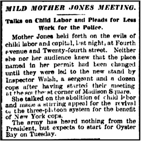 Mother Jones March of Mill Children, Eve July 24 Speaks at 4th Ave & 24 St NYC, Sun p1, July 25, 1903