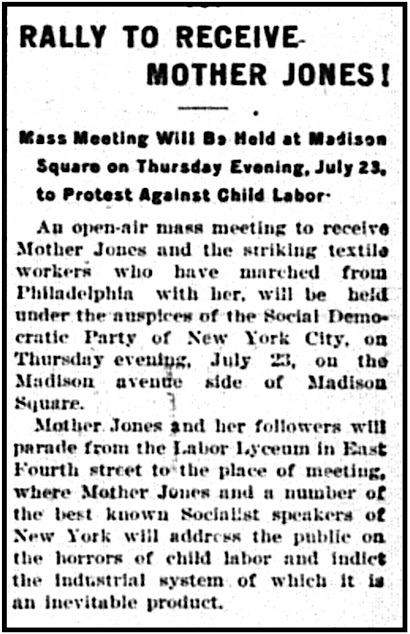 Mother Jones March of Mill Children, Meeting Planned to Greet Army for July 23, NY Worker p1, July 26, 1903