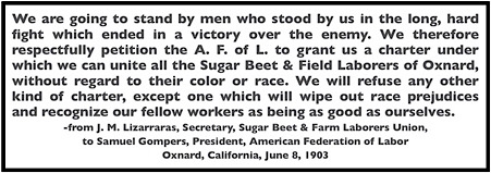 Quote June 8, Lizarraras to Gompers re Unity of Japanese n Mexicans at Oxnard CA, ISR p78, Aug 1903