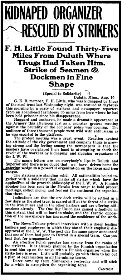 Frank Little Kidnap Duluth, Sol p1, Aug 16, 1913