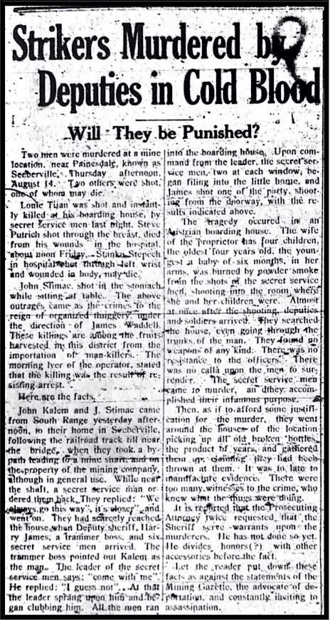 Murder of Tijan and Putrich at Seeberville MI, Mnrs Bltn p1, Aug 16, 1913