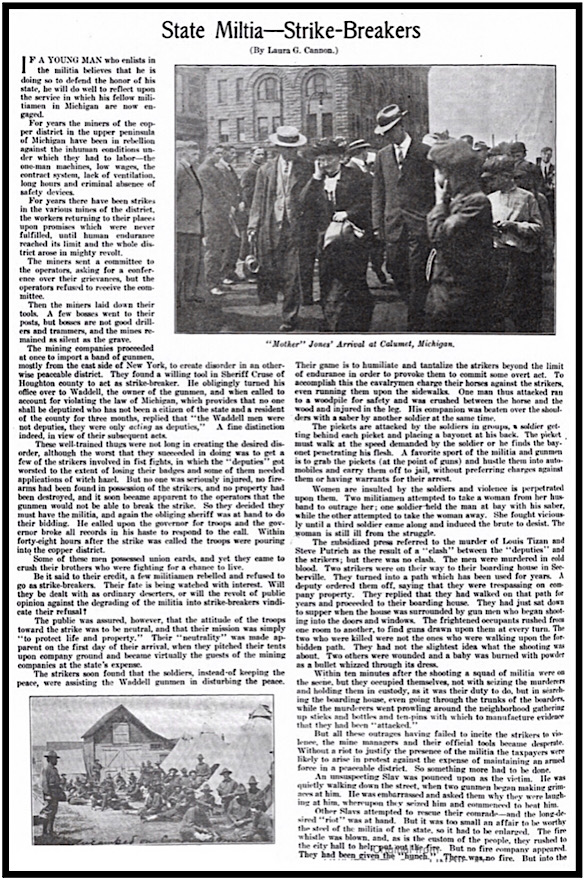 MI Scab State Militia, MJ Arrives, LG Cannon, Mnrs Mag p8, Sept 11, 1913