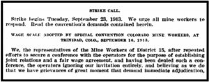 Strike Call, UMW District 15 for Sept 23, 1913