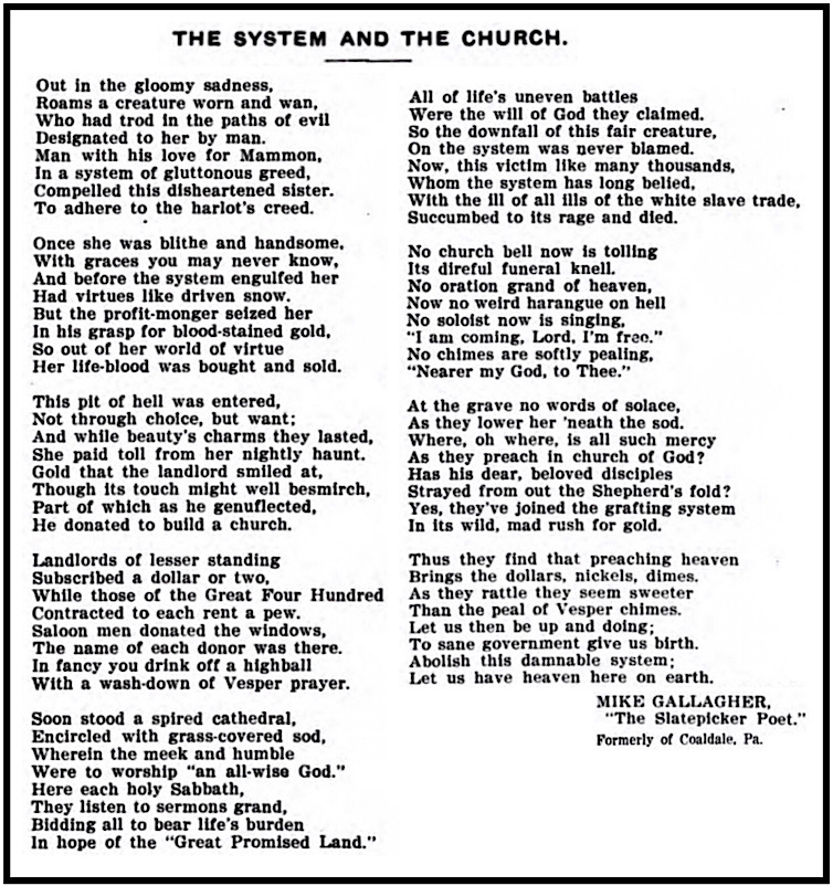 Mike Gallagher Slatepicker Poet, Poem System n Church, Mnrs Mag p14, Sept 18, 1913