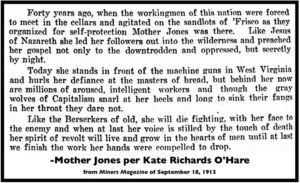 Quote re Mother Jones per Kate Richards OHare, Mnrs Mag p7, Sept 18, 1913