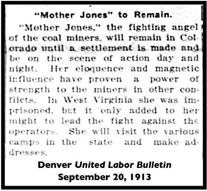 Quote re Mother Jones, Fighting Angel, Denver CO ULB p1, Sept 20, 1913