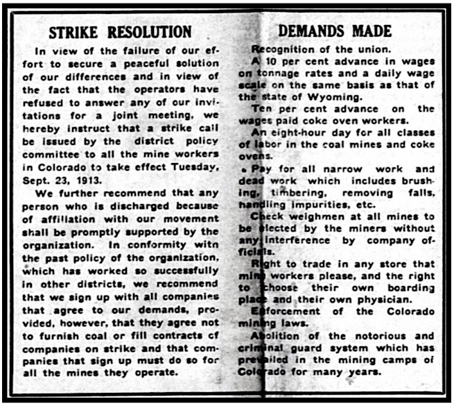 Colorado UMW D15 Strike Resolution n Demands, Dnv ULB p1, Sept 20, 1913