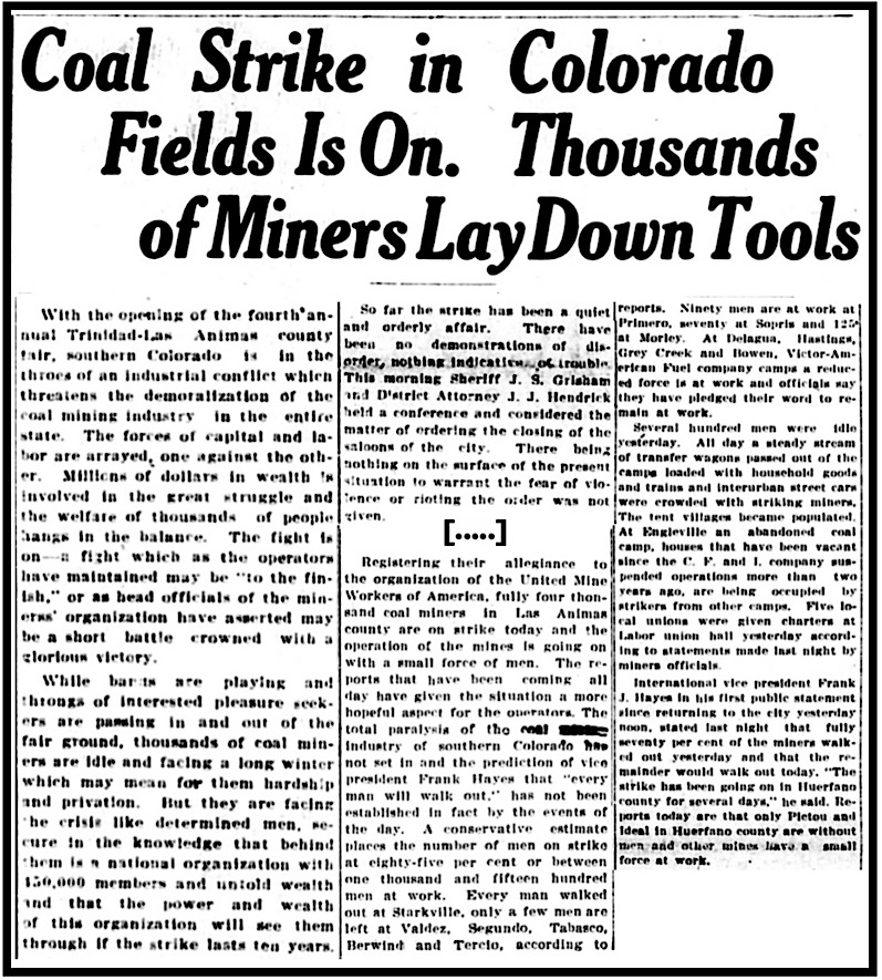 HdLn Coal Strike Begins in Southern Colorado, CNs p1, Sept 23, 1913