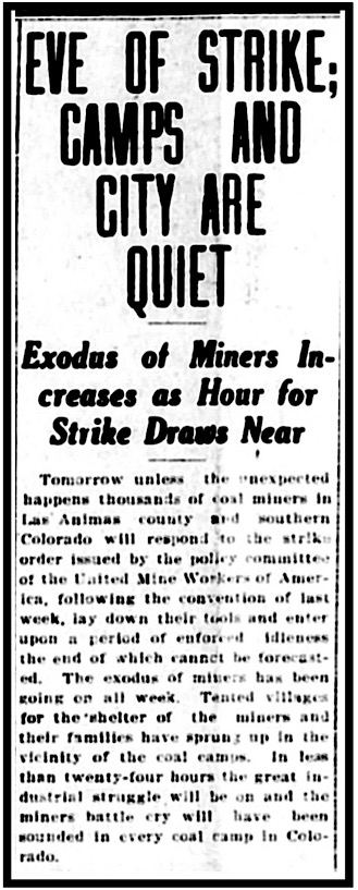 HdLn Eve of CO Strike, Trinidad Chc Ns p1, Sept 22, 1913