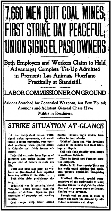 First Day of Colorado Coalfield Strike, RMN p1, Sept 24, 1913