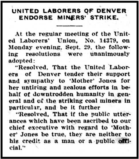 United Laborers of Denver Support Mother Jones v Gov, Dnv ULB p1, Oct 4, 1913