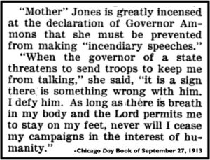 Quote Mother Jones re CO Gov Ammons, wont stop talking, Day Book p11, Sept 27, 1913