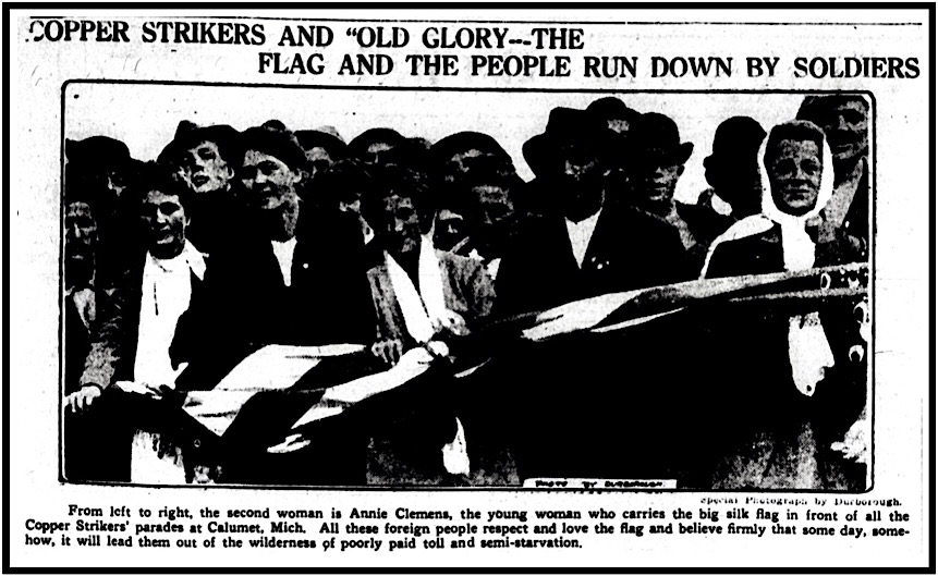 Michigan Copper Strike, Annie Clemenc w Flag and Friends, Dtt Tx p7, Sept 26, 1913