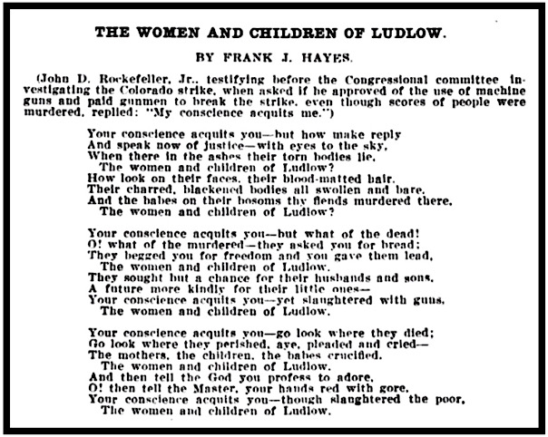 POEM, Women and Children of Ludlow, Frank Hayes, Machinist Monthly p617, June 1914