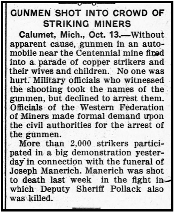 HdLn Calumet MI, Gunmen Shoot into Strikers Parade, Day Book p6, Oct 13, 1913