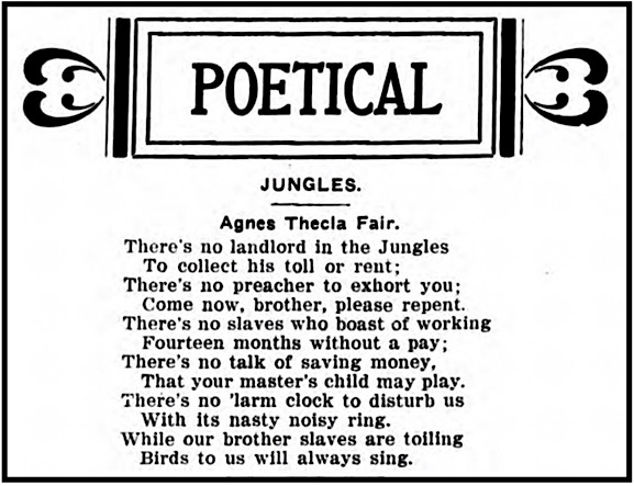 Poem Jungles by Agnes Thecla Fair, Miners Mag p14, Oct 23, 1913