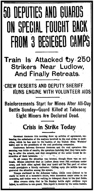 HdLn Gunthug Train Attacked Near Ludlow CO, DP p1, Oct 27, 1913