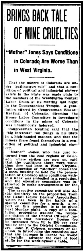 Mother Jones n US Rep Keating Speak in WDC for Fed Investigation of CO Strike, WDC p7, Oct 28, 1913