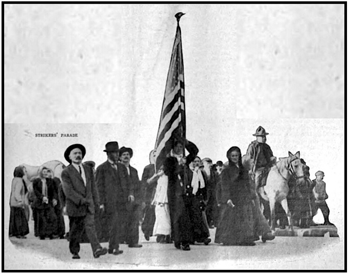 MI Strikers Parade, Annie w Flag, Survey p127, Nov 1, 1913