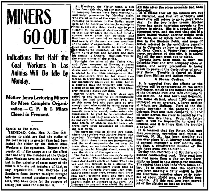 Colorado Coal Strike, MJ Speaks at Sopris, RMN p1n2, Nov 8, 1903