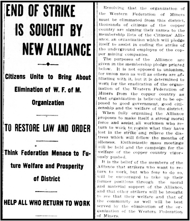 MI Copper Country Citizens Alliance Formed, CNS p1, Nov 10, 1913