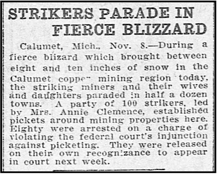 Parade in Blizzard, Annie Clemenc Leads Pickets, El P Hld p1, Nov 9, 1913